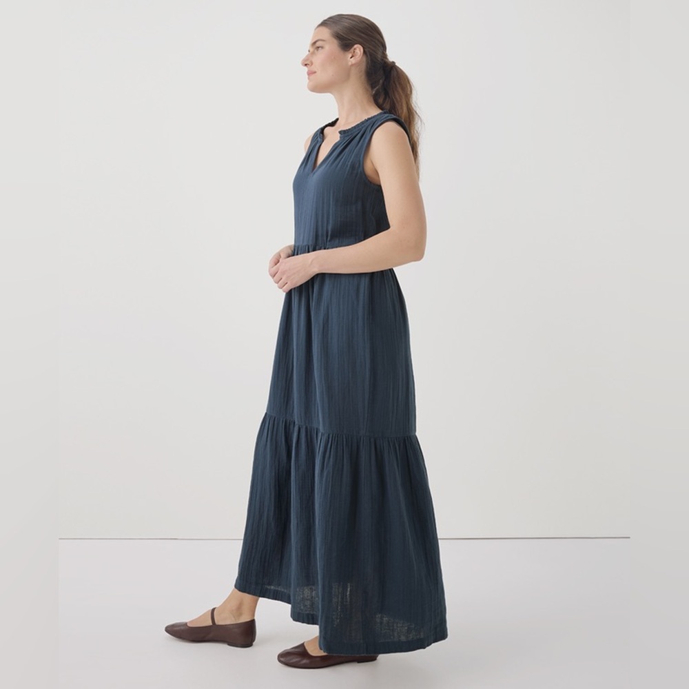 NWT✨ PACT organic French Navy Coastal Double Gauze Ruffle Maxi Dress - Picture 4 of 12